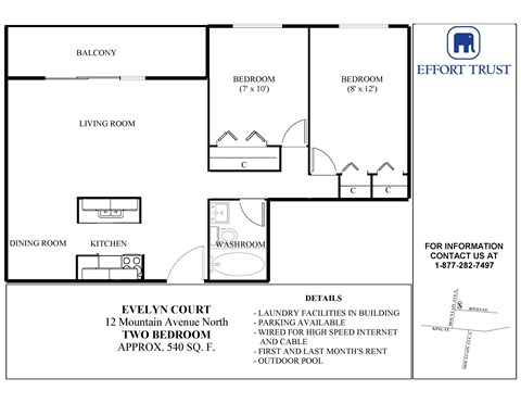A floor plan for a two bedroom apartment with a living room, dining room, kitchen, and two bathrooms.